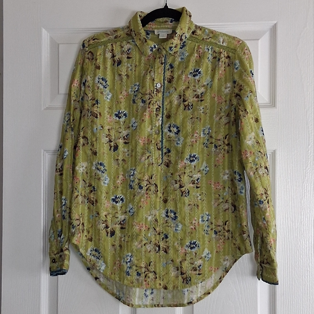 Sundance Green Floral Eyelet Velvet Trimmed Button Up Blouse